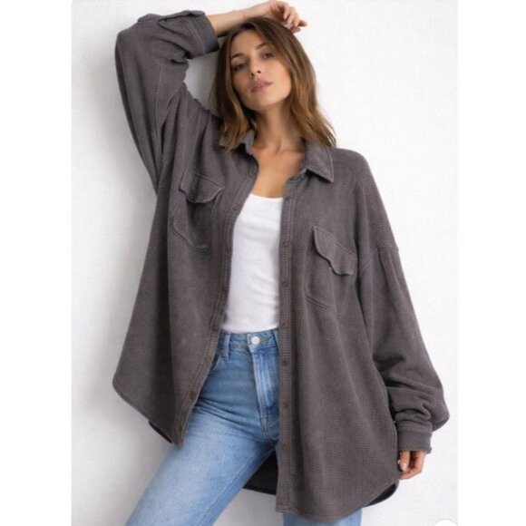 aerie Tops - Aerie Women’s Shirt Lumberjack Waffle Knit Oversized Gray Layer Lagom XXL